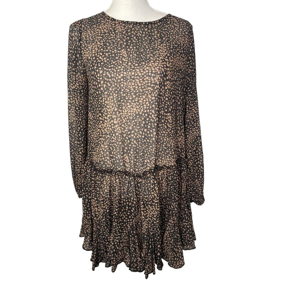 Black and Beige Printed Long-Sleeve Mini Dress